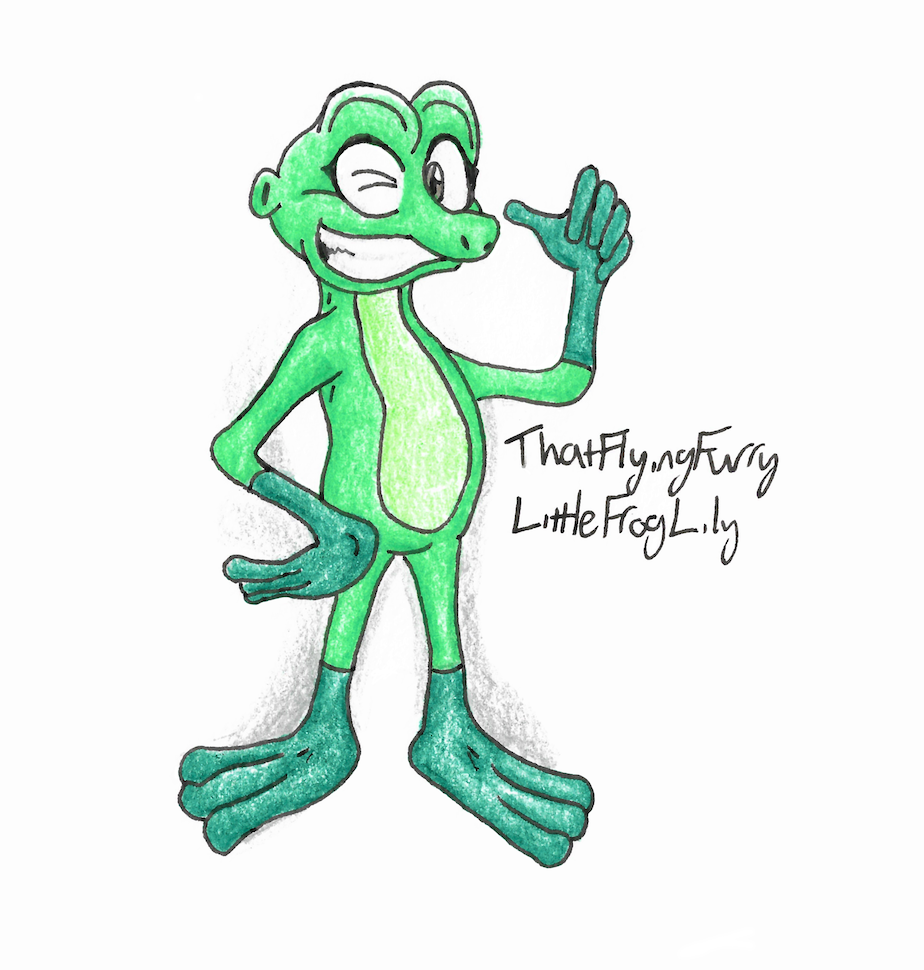 A slim, green anthro frog, smiling at the viewer and giving a thumbs up. Character belongs to LittleFrogLily on Twitter